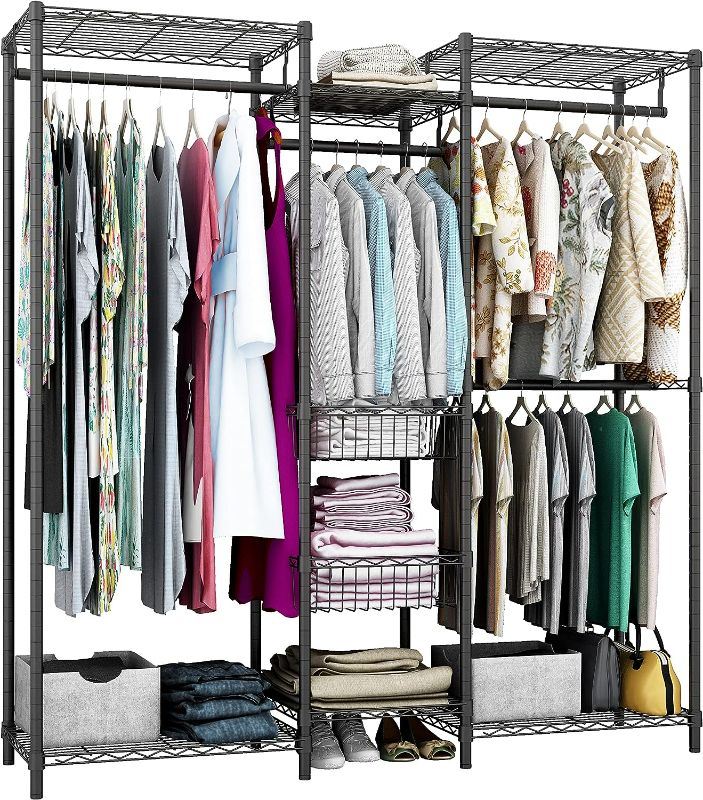 Photo 1 of Xiofio 6 Tiers Heavy Duty Garment Rack,Clothing Storage Organizer, Metal Clothing Rack,Clothing Rack with Hanging Rod,Adjustable Shelf and Fixed Baskets,60.7"L x 15.7"W x 76.5"H Max Load 720LBS,Black· NEW
