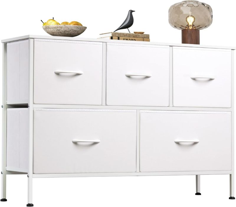 Photo 1 of WLIVE Dresser with 5 Drawers, Dressers for Bedroom, Fabric Storage Tower, Hallway, Entryway, Closets, Sturdy Steel Frame, Wood Top, Easy Pull Handle (White)
