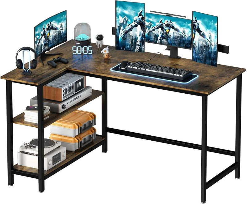 Photo 1 of L Shaped Desk (19x29") Gaming Desk, Computer Corner Desk, Home Office Writing Desk with Shelf, Space-Saving Workstation Table, Modern Simple Wooden Desk, Rustic Brown