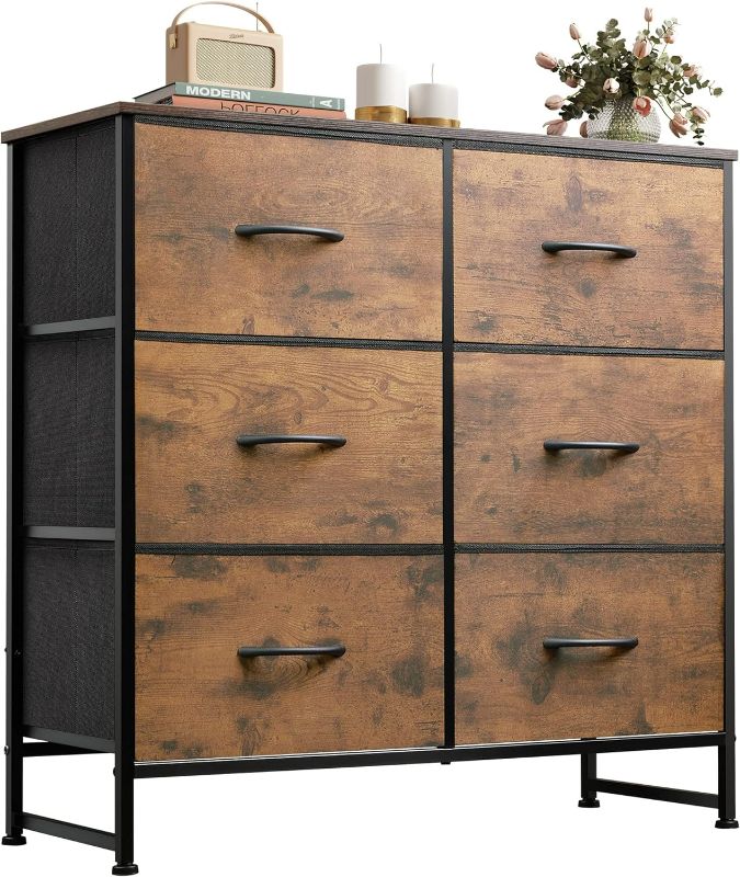 Photo 1 of WLIVE Fabric Dresser for Bedroom, 6 Drawer Double Dresser, Storage Tower with Fabric Bins, Chest of Drawers for Closet, Living Room, Hallway, Nursery, Rustic Brown Wood Grain Print
