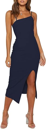 Photo 1 of Women's Adjustable Spaghetti Straps Sleeveless High Waist Split Midi Bodycon Cocktail Party Dress (M)
