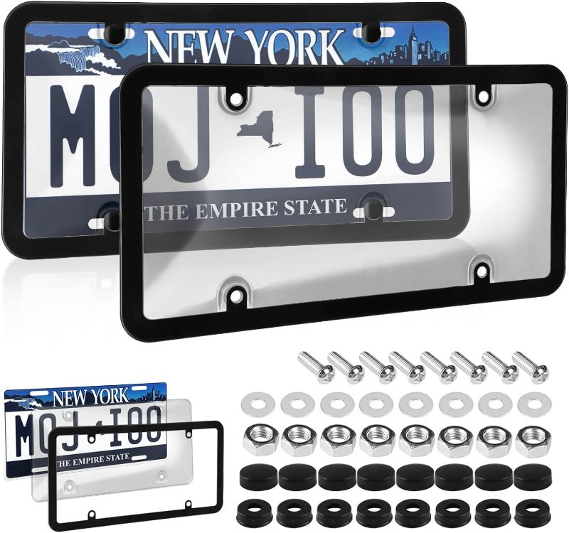 Photo 1 of 2 Pack Car Smoked License Plate Covers Frame Shield Combo - Unbreakable License Plate Tinted Cover Novelty fits All Standard US Plates,Bubble Design License Plate Holder with Screws & Caps(Clear)
