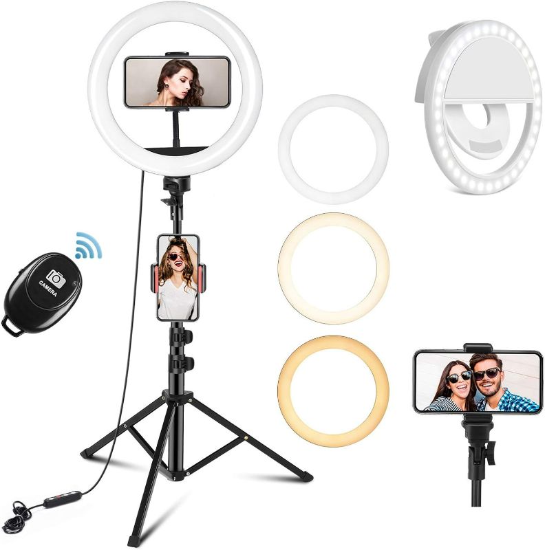 Photo 1 of PEHESHE 10" Selfie Ring Light with 63" Tripod Stand Ring LED Light with Phone Holder Ring Dimmable Circle Light for Live Stream/YouTube/Video/Makeup/Photography
