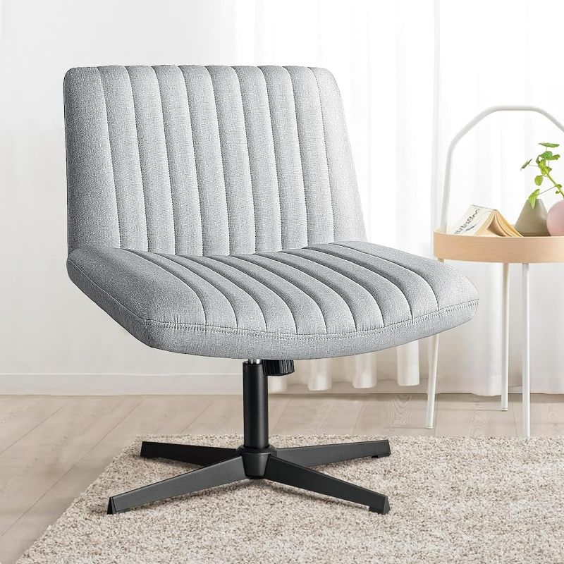 Photo 1 of Armless Office Desk Chair No Wheels, Fabric Cross Legged Office Chair Wide Seat, Padded Home Office Chair, Mid Back Ergonomic Computer Vanity Task Chair, Adjustable, Swivel, Rocking (Light Grey)