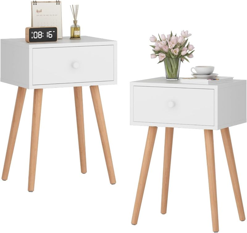 Photo 1 of JAXPETY Set of 2 Modern Wood Nightstand, Bedside Table with Drawer, Night Stand, End Table with Solid Wood Legs for Bedroom Home Furniture, White NEW 
