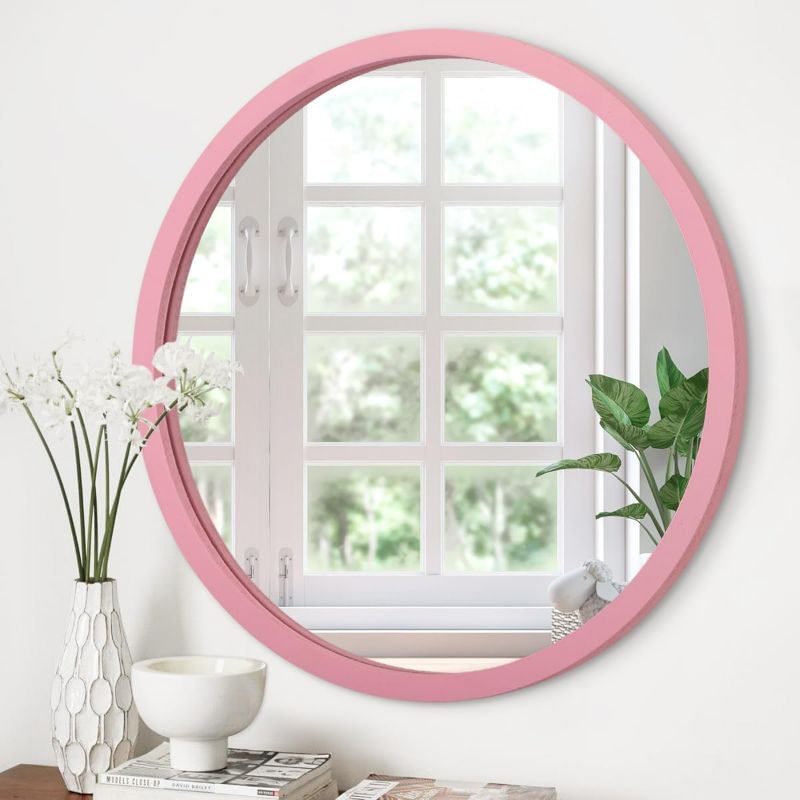 Photo 1 of  Round Wall Mirror Circle Mirror for Bathroom, Circle Mirror Pink Wall Circular for Wall Wood Frame Mirror for Living Room, Bedroom, Dorm, Entryway and More (19") 