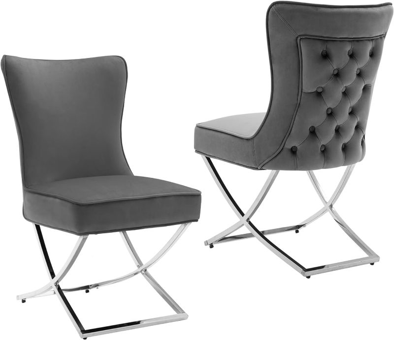 Photo 1 of FOREDO Modern Stainless Steel Legs Velvet Dining Chairs Set of 2, Royal Comfortable Upholstered Dining Chairs with Button Tufted Back Solid Piping Around Dining Room Chairs, Dark Grey
