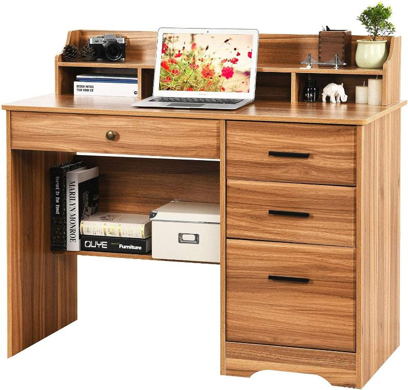 Photo 1 of Catrimown Computer Desk with File Drawers and Hutch, Farmhouse Home Office Desk Wood Executive Student Writing Table for Small Space, Bedroom (Rustic Oak)
