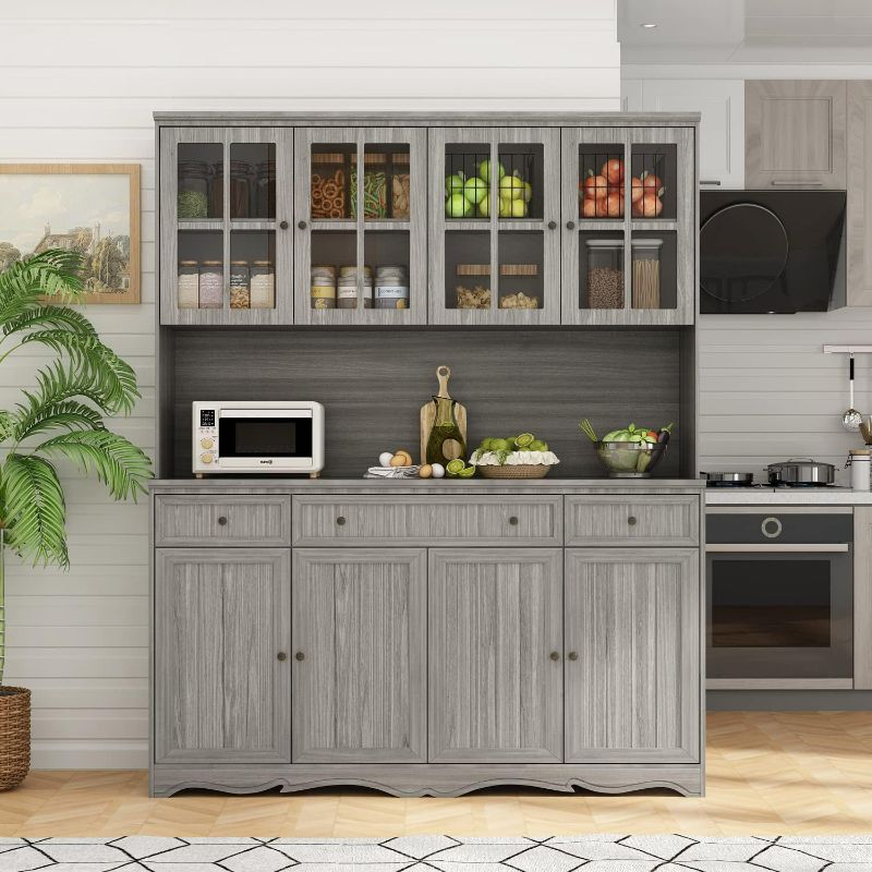 Photo 1 of AIEGLE Large Kitchen Hutch Cabinet, Wood Storage Cupboard Pantry with Acrylic Doors, Drawers & Countertop, Floor Kitchen Pantry Storage Cabinet Utility Buffet, Grey (61.2" L x 18.1" W x 75.9" H) MISSING PACKAGING 1 
