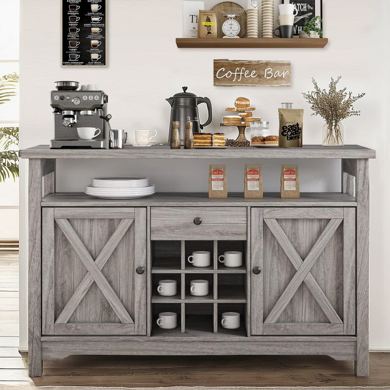 Photo 1 of Catrimown Farmhouse Coffee Bar Cabinet, 47" Sideboard Buffet Cabinet with Barn Door, Buffet Storage Cabinet with Removable Wine Rack, Farmhouse Gray
