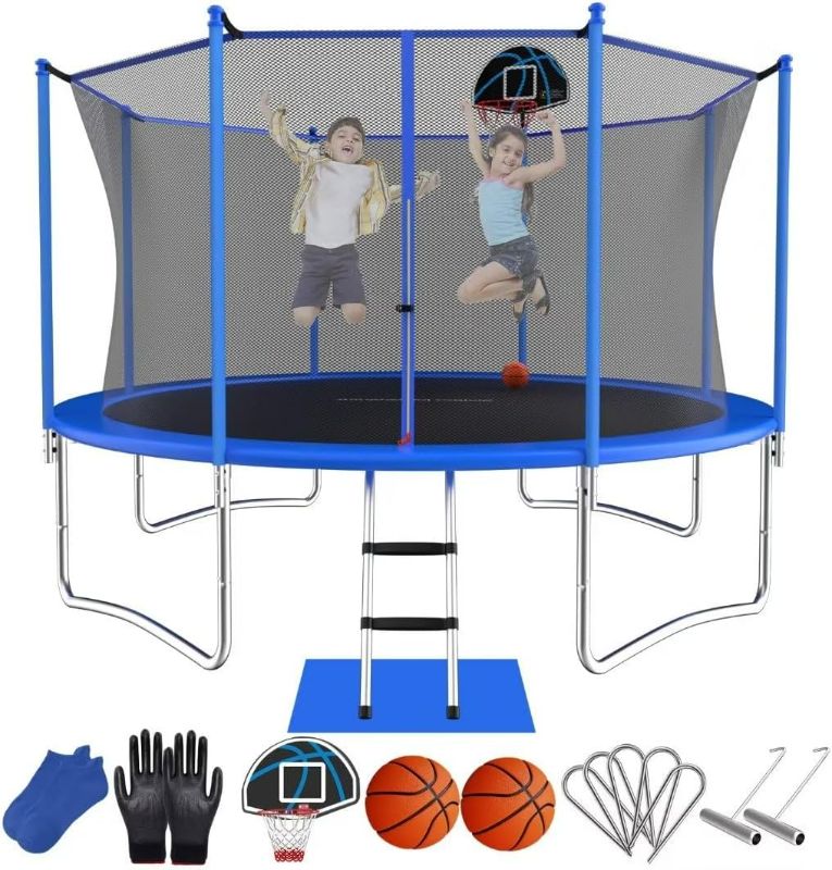 Photo 1 of 12FT  Recreational Trampoline for Kids and Adults with Basketball Hoop - ACWARM HOME Outdoor Back Yard Trampoline with Safety Enclosure Net, Heavy Duty Stakes and Ladder
