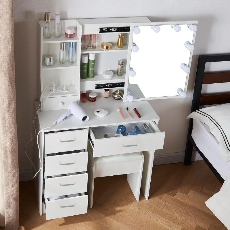Photo 1 of Hollywood Makeup Vanity  (No mirror) ,Vanity Desk with  Drawers and  Open Shelves, Dressing Table Set with Cushion Stool and Warm Lights for Girls, Bedroom. White
