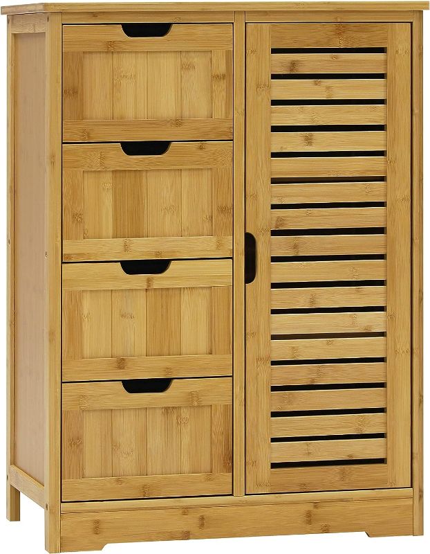 Photo 1 of MUPATER Small Storage Cabinet Bamboo with 4 Drawers and 1 Cupboard, Freestanding Compact Floor Towel Cabinet Bamboo for Laundry Room, Entryway and Bedroom, Natural
