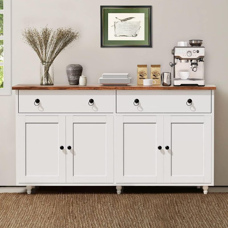 Photo 1 of Sideboard Buffet Cabinet for Storage 55” Kitchen Buffet, Coffee Bar Cabinet with 2 Drawers & 4 Doors Adjustable Shelves, White Buffet Cabinet for Dinning Room Living Room, White
