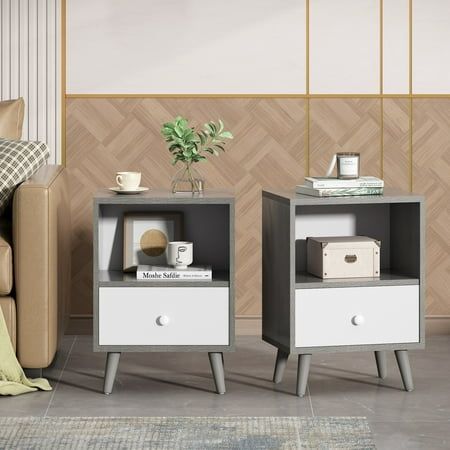 Photo 1 of JAXPETY Set of 2 Modern Wood Nightstand Bedside Table with 1 Drawer & Open Shelf for Home Office Gray & White
