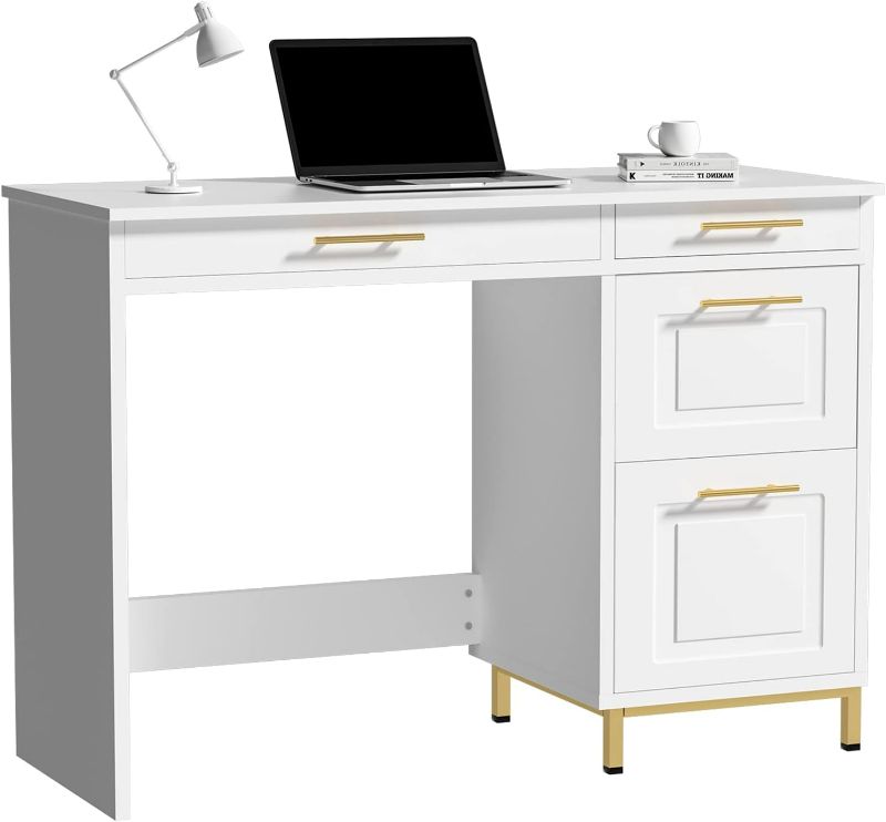 Photo 1 of White Desk with 4 Drawers, White and Gold Computer Desk with Storage Drawer, White Vanity with Gold Handle and Gold Feet, 43” Writing Desk with Drawers for Bedroom, Living Room, Small Places
