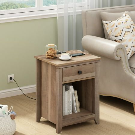 Photo 1 of Jaxpety Modern Nightstand Bedside End Table W/ USB & Charging Station Drawers for Bedroom Living Room Rustic Brown
