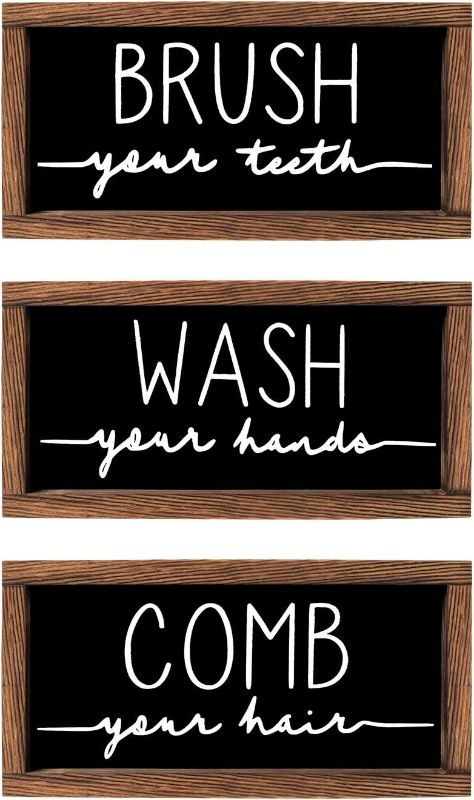 Photo 1 of LIBWYS Bathroom Sign & Plaque (Set of 3) Wash Your Hands Brush Your Teeth Comb Your Hair Decorative Rustic Wood Farmhouse Bathroom Wall Decor (White)
