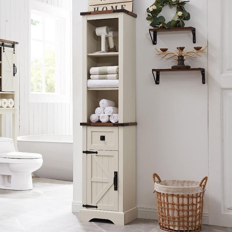 Photo 1 of OKD Bathroom Storage Cabinet, Farmhouse Storage Cabinet with Adjustable Shelves & Storage Drawer, Tall Linen Tower for Bathroom, Living Room, Laundry Room, Rustic Oak with Antique White
