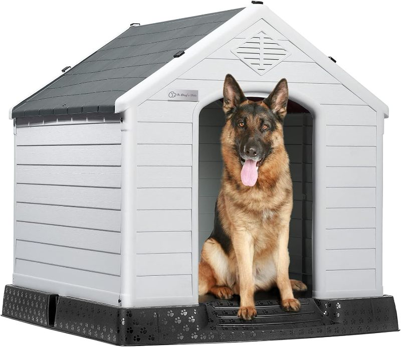 Photo 1 of Durable Waterproof Plastic Dog House for Small to Large Sized Dogs, Indoor Outdoor Doghouse Puppy Shelter with Elevated Floor, Easy to Assemble