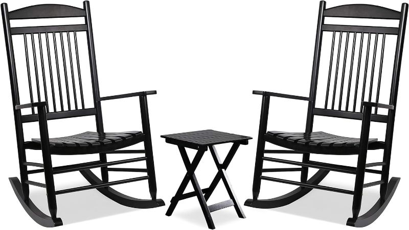 Photo 1 of Outdoor Rocking Chair Set 3-Piece Patio Wooden Rocker Bistro Set with Foldable Table and Curved Seat, Black