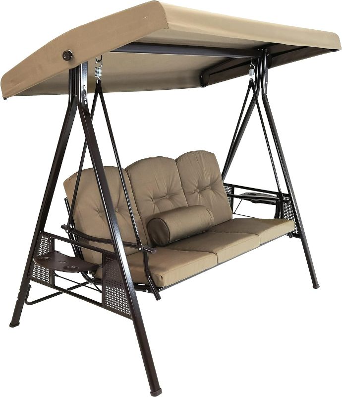 Photo 1 of 3-Person Steel Patio Swing Bench with Adjustable Tilt Canopy - Cushions and Pillow Included - Beige (PART 2 OF 2)