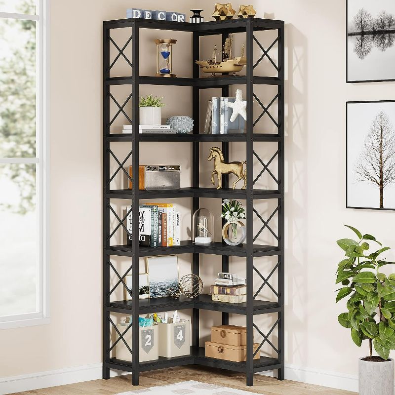 Photo 1 of Tribesigns 7-Shelf Corner Bookshelf,Large Modern Corner Bookcase, 7-Tier Tall Corner Shelf Storage Display Rack with Metal Frame for Living Room Home Office (Black)
