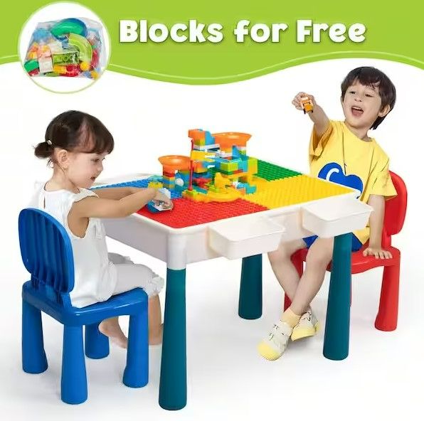Photo 1 of Kids Block Building Table Activity Table and Chair Set with Storage Box
