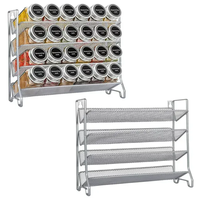 Photo 1 of 2 Pack Metal Spice Organizer Rack 4 Tier Free Standing & Wall-Mount Seasoning Jars Shelf hold 24 Spice Jars for Kitchen,Silver
