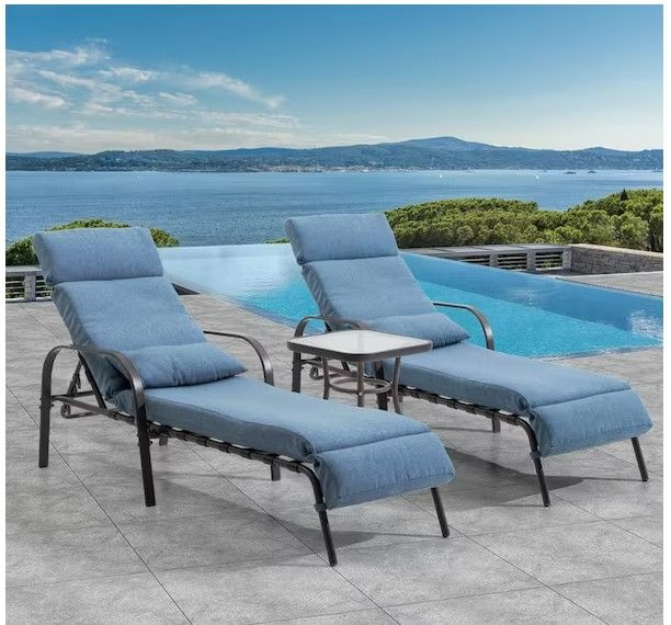 Photo 1 of 3-Piece Adjustable Metal Outdoor Chaise Lounge with Dark Blue Cushions and Table Set NEW



