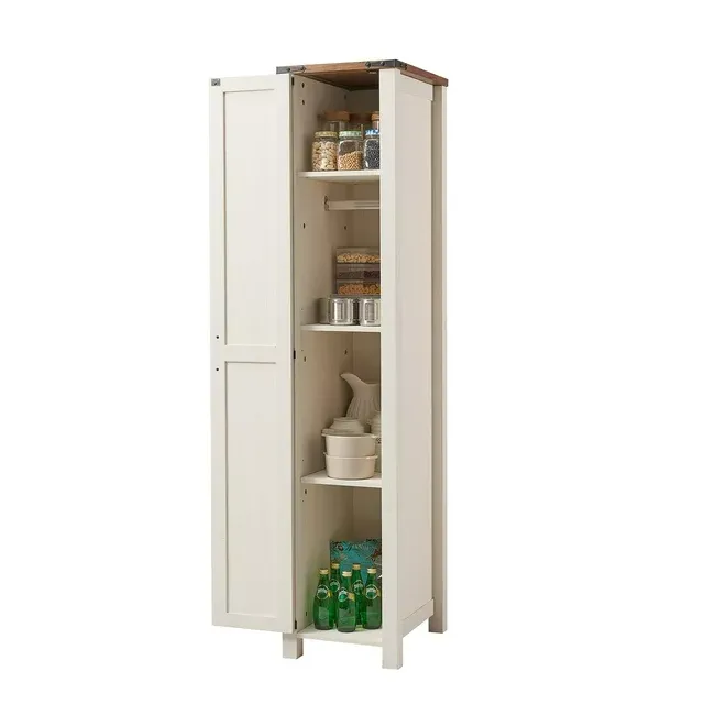 Photo 1 of OKD Kitchen Pantry Farmhouse Barn Door Storage Cabinet with Adjustable Shelves and Hanging Rod for Bathroom, White
