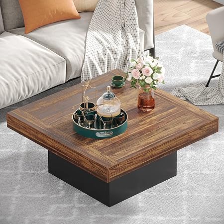 Photo 1 of Tribesigns Farmhouse Coffee Table SquareCoffee Table Engineered Wood Coffee Table for Living Room Rustic Brown & Black Low Coffee Table