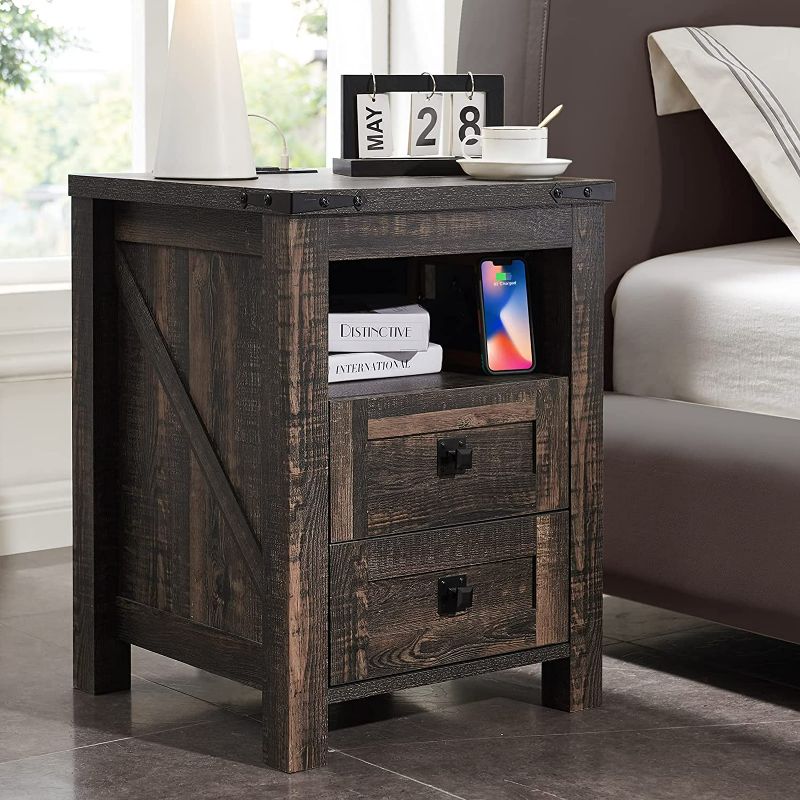 Photo 1 of 2- Drawer Nightstand End Side Table with Charging Station for Bedroom Living Room, Dark Rustic Oak