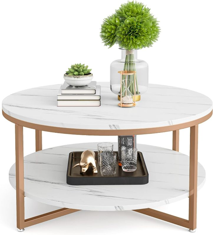 Photo 4 of LITTLE TREE Round Coffee Table Two-Tier Coffee Table Modern Faux Marble Tabletop with Gold Metal Legs Open Storage Shelf for Living Room, White, Gold
