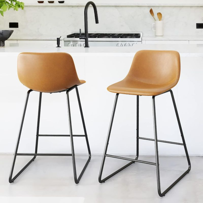 Photo 1 of LUE BONA ALX Urban Armless Bar Chairs, Modern Industrial Faux Leather Dining Chairs Set of 2,Barstools with Backs Tall Stool for Kitchen Counter,Home and Restaurants Indoor Outdoor,30" Whiskey Brown

