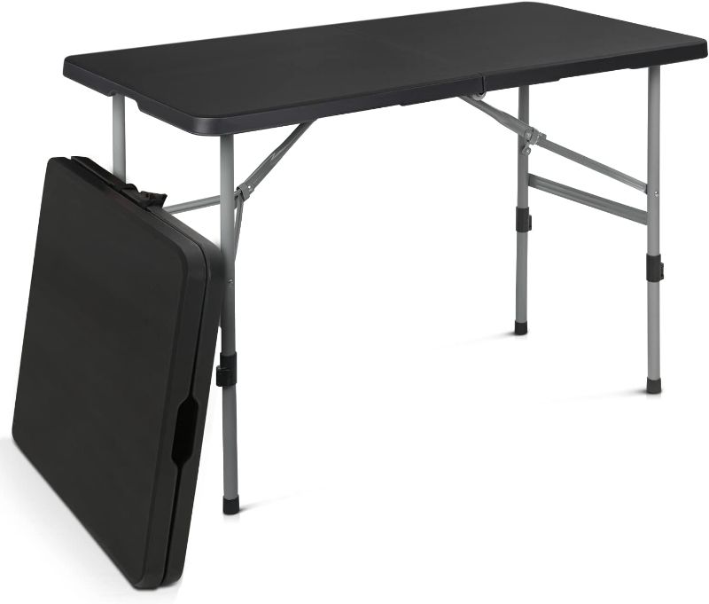 Photo 1 of Magshion Plastic Folding Table 4ft Indoor Outdoor Heavy Duty Foldable Table with Handle for Parties Backyard Events Black
