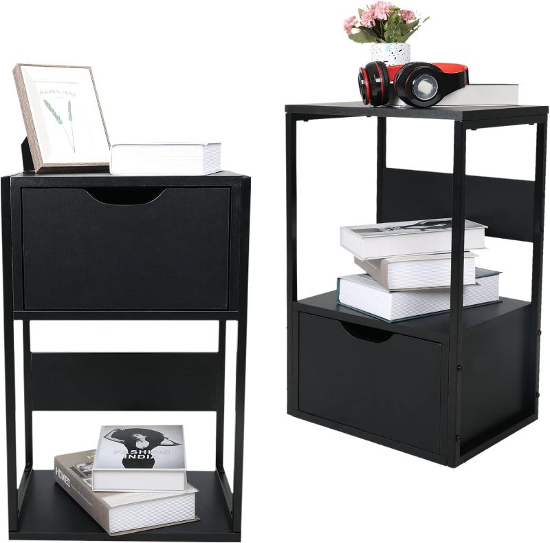 Photo 1 of ELECWISH Nightstand, Side Table with Flip Drawer Storage, Modern Style End Table with Wooden Top Use for Bedroom Office, Black
