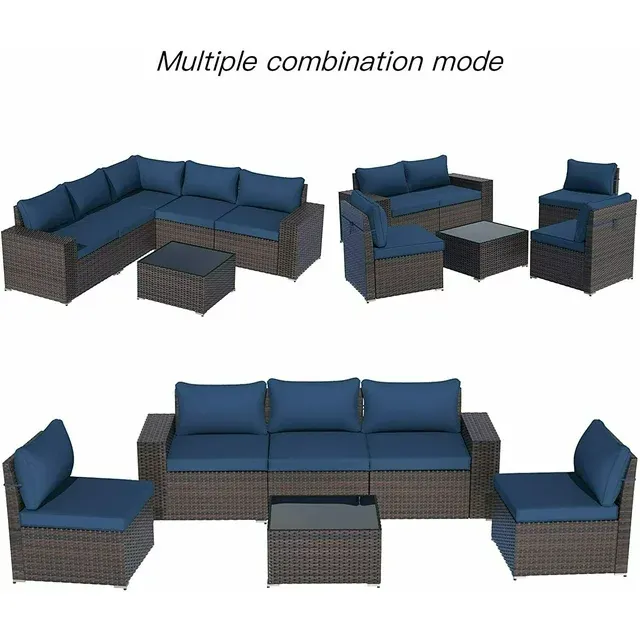 Photo 1 of Gotland Outdoor Patio Furniture Set 6 Piece Sectional Rattan Sofa Set Rattan Wicker Patio Conversation Set with 5 Seat Cushions and 1 Tempered Glass Table, Dark Blue

