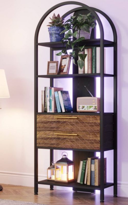 Photo 1 of 4-Tier Bookshelf, Industrial Bookcase with 2 Drawers & LED Light
