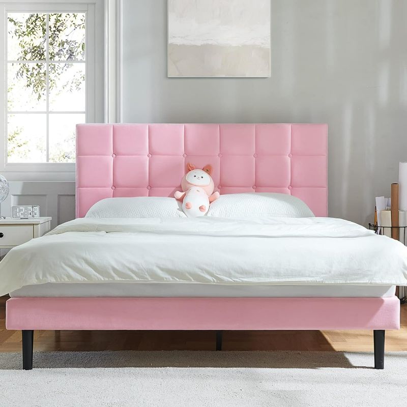Photo 1 of Queen Bed Frame Upholstered Platform with Headboard and Strong Wooden Slats,Non-Slip and Noise-Free,No Box Spring Needed, Easy Assembly,Pink, SEALED, NEW