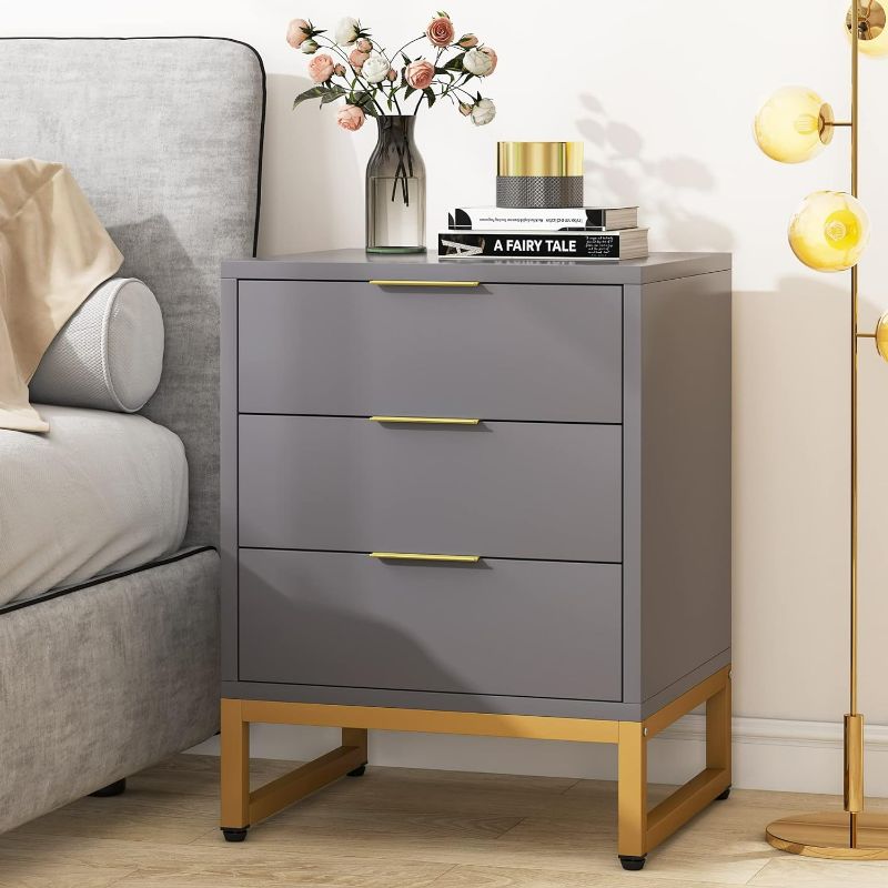 Photo 1 of Tribesigns 3 Drawers Nightstand, Modern Bedside Table with Metal Frame, Side End Table for Bedroom Living Room, Gray/Gold
