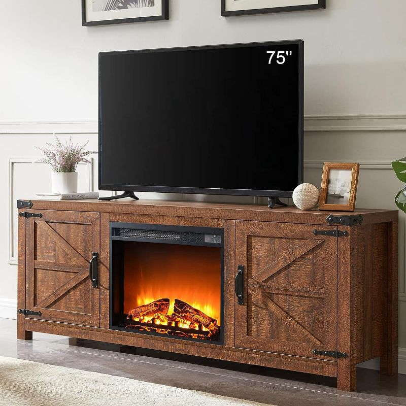 Photo 1 of T4TREAM Fireplace TV Stand for 66" Inch TV, Farmhouse Barn Door Media Console, Entertainment Center with 23" Electric Fireplace Remote Control,for Living Room, 66 Inch, Reclaimed Barnwood
