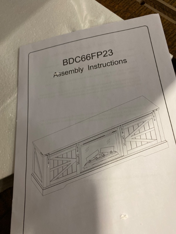 Photo 2 of T4TREAM Fireplace TV Stand for 66" Inch TV, Farmhouse Barn Door Media Console, Entertainment Center with 23" Electric Fireplace Remote Control,for Living Room, 66 Inch, Reclaimed Barnwood
