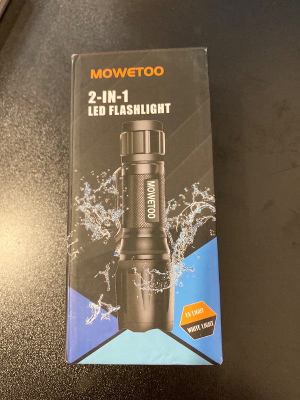 Photo 2 of MOWETOO UV Flashlight, 2 in 1 395 nm LED Flashlight with UV Black Light & White Light, 500LM, 4 Modes & Waterproof Pet Urine Detector
