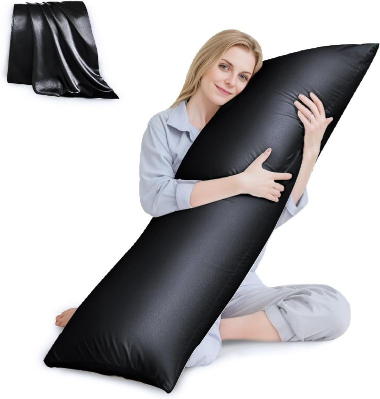 Photo 1 of HUXMEYSON Body Pillow with Satin Pillowcase, Cooling Body Pillows for Adults, Long Pillow for Bed with Removable Cover, Black 
