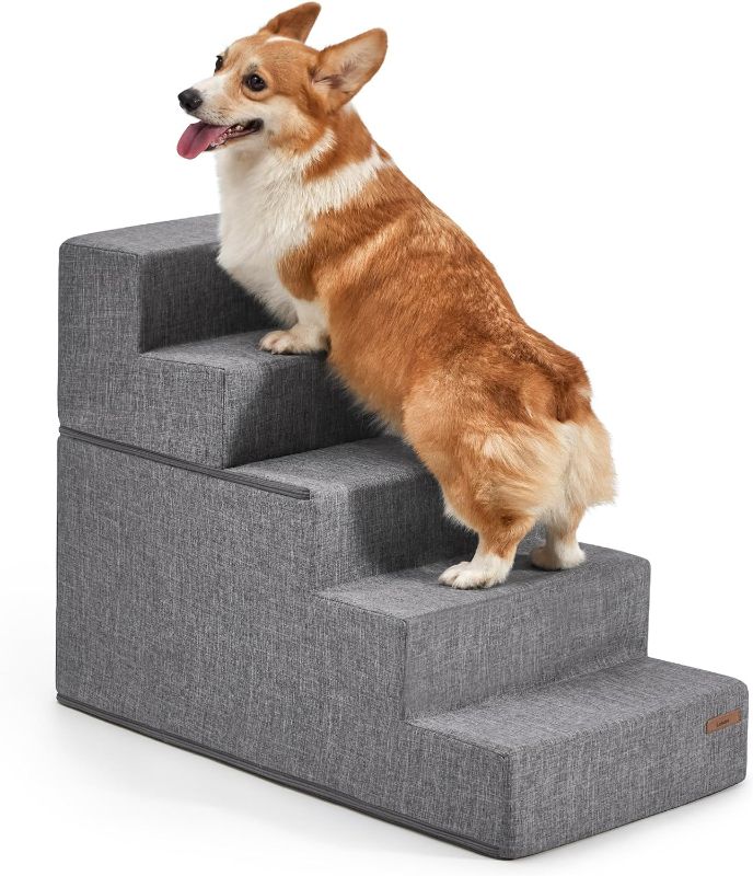 Photo 1 of Dog Stairs for Small Dogs - Pet Stairs for High Beds and Couch, Folding Pet Steps with CertiPUR-US Certified Foam for Cat and Doggy, Non-Slip Bottom Dog Steps, Grey Linen, 5 Steps
