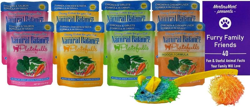 Photo 1 of Natural Balance Platefulls Cat Food 4 Flavor 8 Pouch Variety, (2) Each: Chicken Salmon, Turkey Duck Chicken, Chicken Giblets, Chicken Liver (3 Ounces) Plus 2 Catnip Toys and Fun Facts Booklet Bundle
