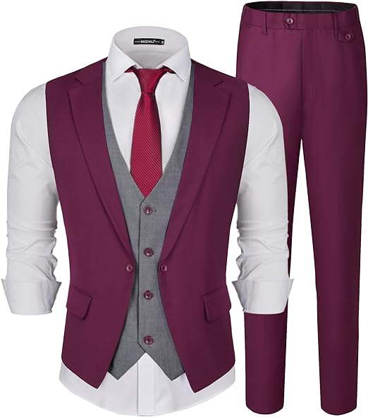Photo 1 of MAGE MALE Men's Layered 2 Piece Suit Slim Fit Formal Business Vest Suit for Men Fashion Casual Wedding Waistcoat Pants Set
