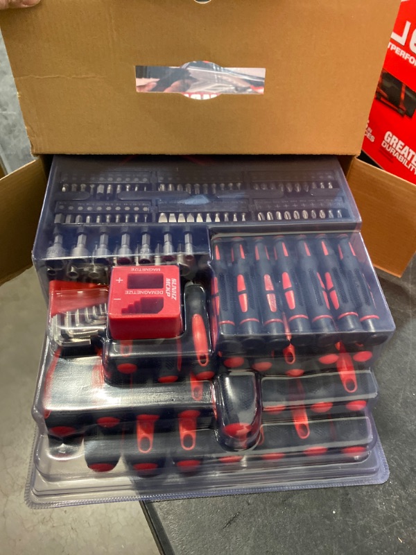 Photo 1 of SUNHZMCKP 124-Piece Magnetic Screwdriver set, Includes Slotted, Phillips, Pozidriv, Hex, Torx and Precision Screwdriver, ratcheting screwdriver and nut drivers With Storage rack
