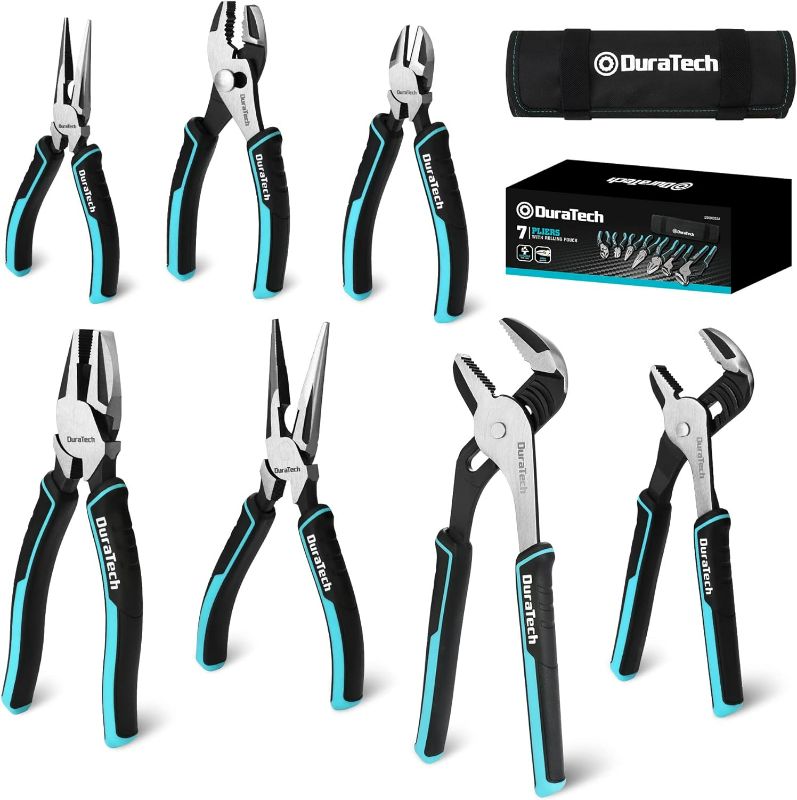 Photo 1 of DURATECH 7-Piece Pliers Set, Premium Cr-Ni Construction (10", 8" Groove Joint Pliers, 8", 6" Long Needle Nose, 8" Linesman, 6" Slip Joint, 6" Diagonal) for Basic Repair, with Oxford Rolling Pouch
